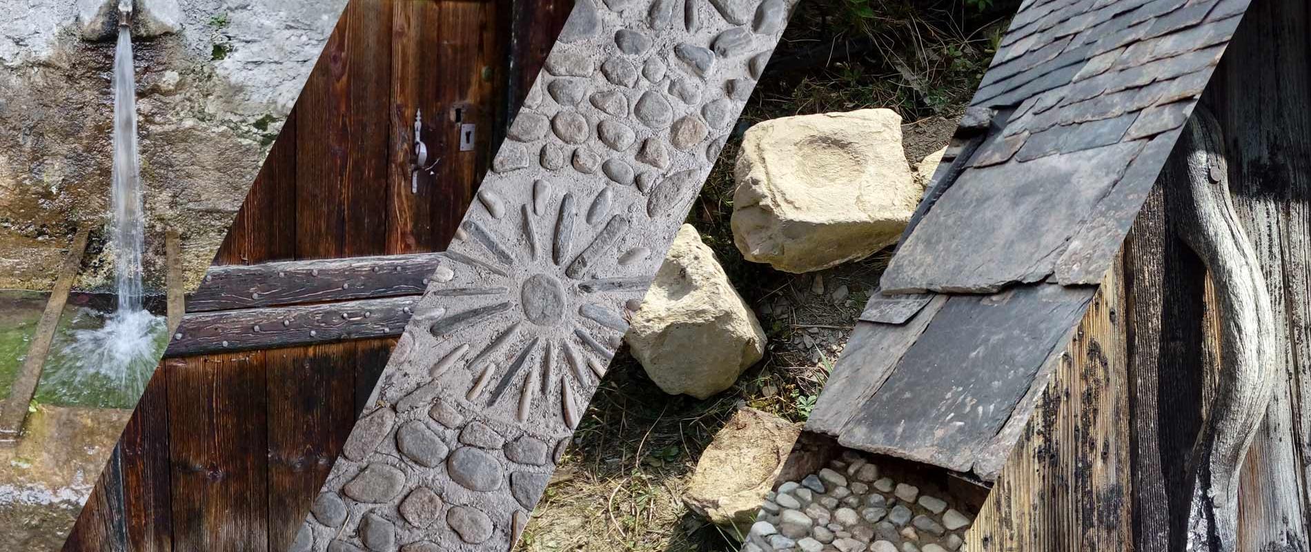 fontaine, porte fermière, seuil callaibère, socle, schistes, poignet bois